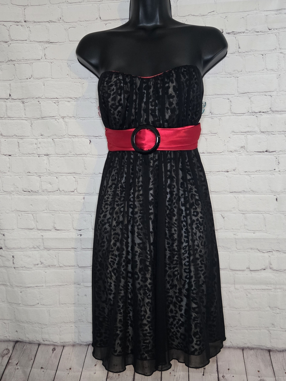 Y2k 3wishes Strapless Black Leopard-Print Tube Dress with Red Satin‎ Belt Sz L